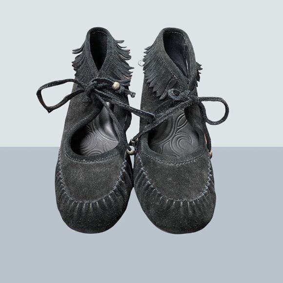 Born Black Suede Leather Fringe Heeled Booties 7.5 - Picture 3 of 5